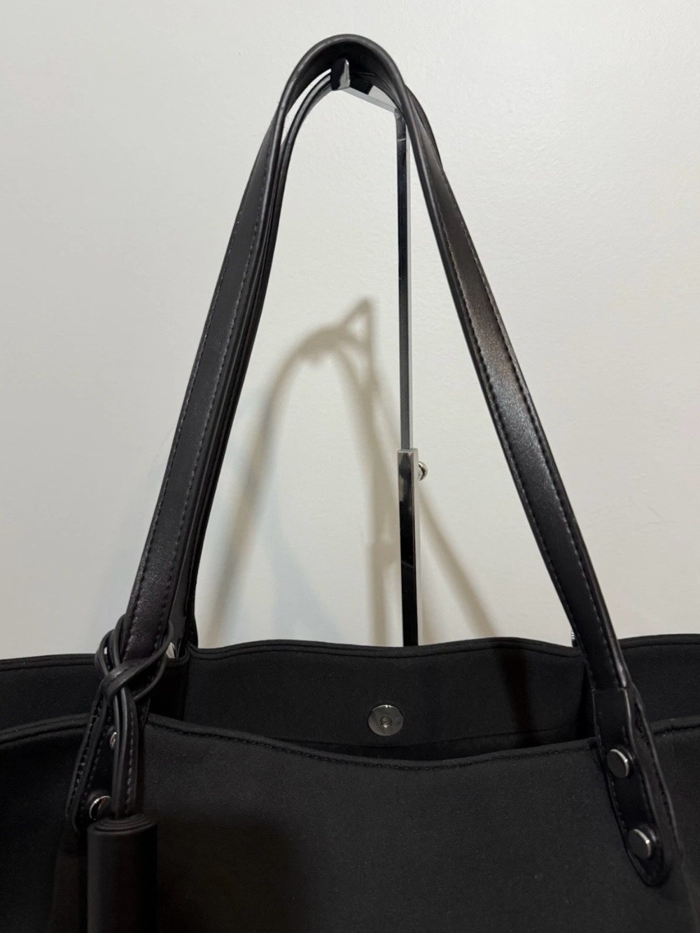 Marla Wynne Tote Bag Black Neoprene with Leather Trim Adjustable Sides & Tassel - Picture 12 of 16